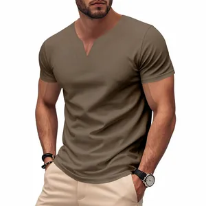 Close-up of men's brown short-sleeved T-shirt with stylish V-neck design