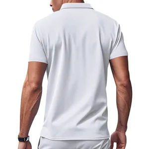 Back view of a men's white short-sleeved quick-dry Polo shirt with a striped collar detail.