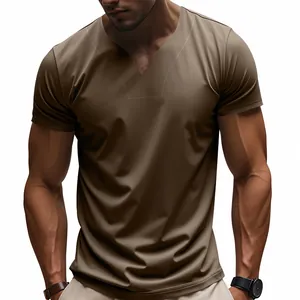 Detail of men's quick-dry V-neck T-shirt in solid brown color with athletic fit