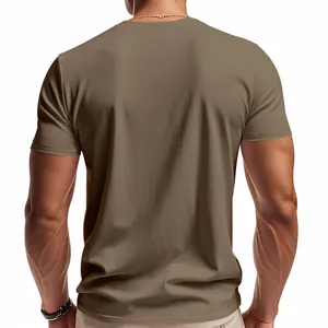 Back view of men's taupe quick-dry short sleeve t-shirt showing fit and texture