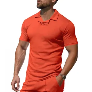 Sporty men's bright orange quick-dry polo shirt with unique open collar detail