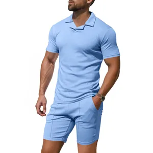 Herren Hellblaues Slim Fit Schnelltrocknendes Kurzarm Poloshirt und Shorts Set