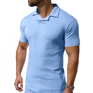 Detailed view of men's light blue slim fit polo shirt with athletic Burke collar