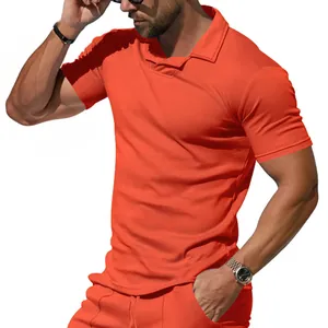 Detail view of men's orange short sleeve Polo shirt featuring a unique open V-neck collar