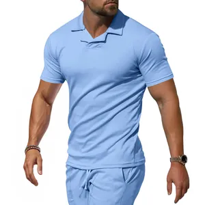 Close-up view of light blue breathable quick-dry polo shirt with British Burke collar detail