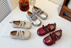 Stylish children's Mary Jane leather shoes in silver, beige, and burgundy colors