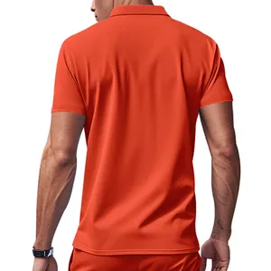 Back view of a high-performance men's orange quick-dry breathable short-sleeve polo shirt