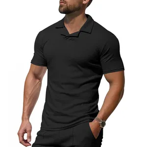 Detailed macro view of men's quick-dry breathable black polo shirt with a Burke collar
