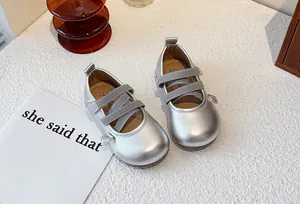 Elegant silver metallic girls' princess shoes with comfortable elastic cross straps