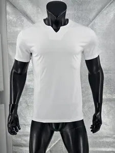 Detail shot of a white men's V-neck quick-dry T-shirt with breathable fabric texture.