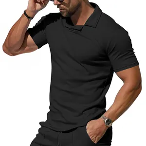 Upper body detail view of a men's black short-sleeved polo shirt with Burke collar