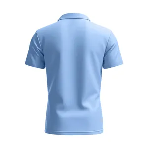 Detailed back view of a light blue short-sleeved Polo shirt with breathable fabric