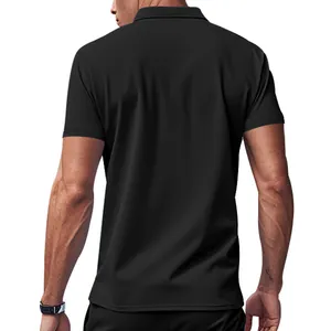 Back view detail of men's quick-dry breathable black polo shirt with short sleeves