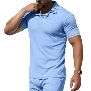 Detailed view of a light blue men's summer quick-dry breathable polo shirt with lapel