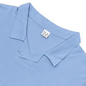 Close-up of the breathable fabric and collar detail of the men's blue Polo shirt