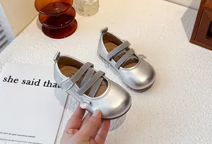 Detailed shot of silver Mary Jane shoes for girls with elastic straps