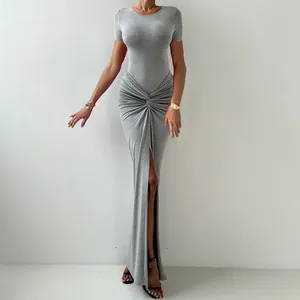 Slim fit grey split maxi skirt set with short sleeves and round neck.