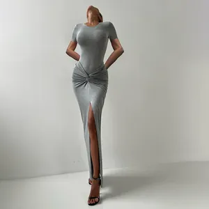 Grey short sleeve bodysuit and high slit maxi skirt set with waist twist detail