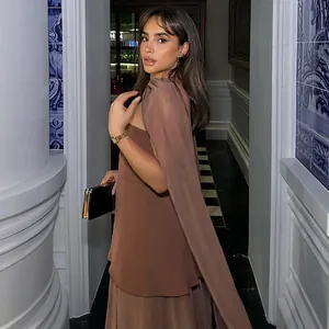 Elegant brown strapless dress set with matching mesh scarf cape for spring season.