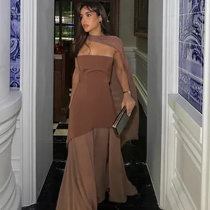 Elegant brown tube top maxi dress with a matching sheer mesh scarf wrap for women