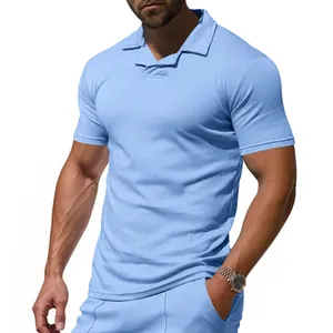 Detail view of men's light blue breathable polo shirt with minimalist Burke collar