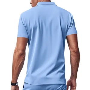Back view of men's light blue quick-dry polo shirt showing athletic fit and fabric texture