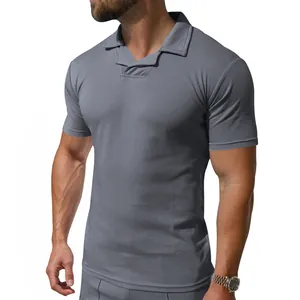 Detail view of men's grey quick-dry polo shirt with unique Burke collar design