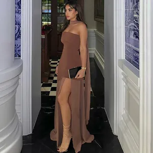 Elegant sexy brown strapless bodycon dress with mesh split skirt and matching scarf