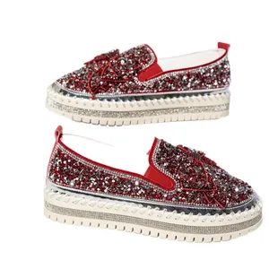 Stylish red rhinestone platform loafers featuring a decorative bow knot for women