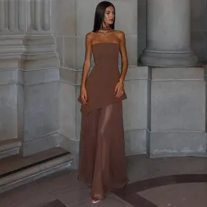 Elegant brown strapless mesh maxi dress set featuring asymmetrical top and neck scarf