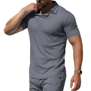 Detailed view of grey short sleeve polo shirt with unique open Burke collar design