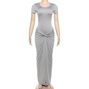 Elegant silver metallic short sleeve bodysuit paired with a ruched maxi slit skirt set.