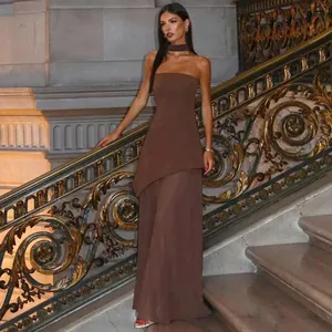 Elegant brown strapless tube top maxi dress set with a matching neck scarf accessory.