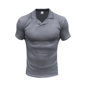 Close-up detail of grey short sleeve polo shirt featuring a unique v-neck collar design