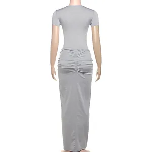 Back view of silver grey ruched maxi skirt and bodysuit set showing detailed fabric texture