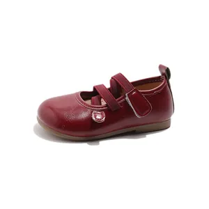 Classic dark red girls' leather princess shoes with soft soles for comfortable casual wear.