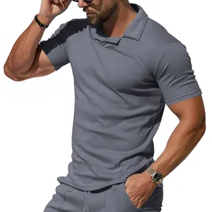 Detail view of men's grey short-sleeve polo shirt featuring breathable quick-dry fabric