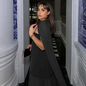 Elegant black slim fit tube dress with scarf neck detail for evening wear