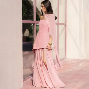 Elegant pink strapless maxi dress with mesh split skirt and matching scarf accessory detail