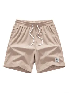 Lässige Herren-Sommer-Strandshorts in Khaki mit weißem Kordelzug und Logo-Patch