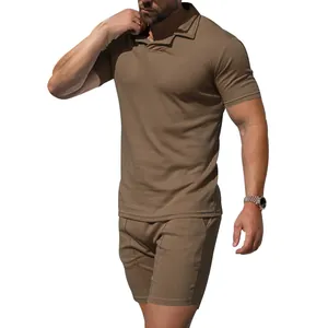 Herren Sommer Slim Fit Schnelltrocknendes Kurzarm-Polohemd und Shorts Set Braun