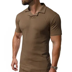 Detailed view of men's slim-fit muscle polo shirt with unique Burke collar in brown