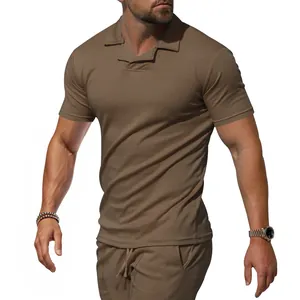 Close-up detail of men's brown quick-dry Polo shirt featuring a stylish Burke collar