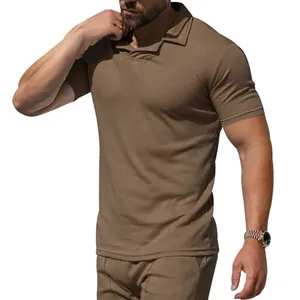 Close-up detail of a men's brown quick-dry polo shirt featuring a British Burke collar