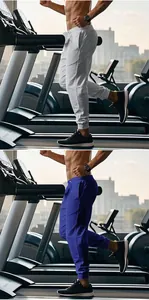 Pantaloni sportivi da uomo ideali per palestra e corsa nei colori grigio e blu navy.