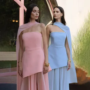 Elegant pastel pink and blue strapless mesh patchwork maxi dress with matching scarf wrap
