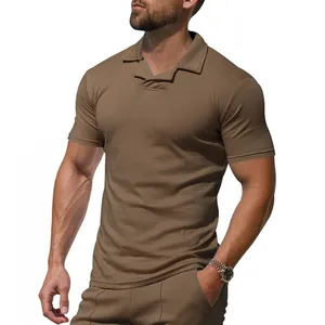 Detailed view of brown men's polo shirt featuring a unique open Burke collar design