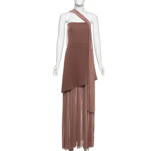 Mocha strapless maxi dress with mesh layering and matching scarf detail