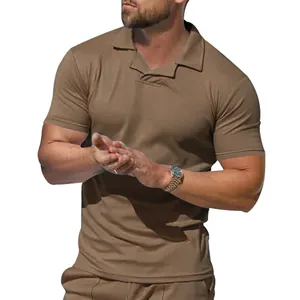Close-up of men's brown polo shirt featuring a stylish v-neck collar design