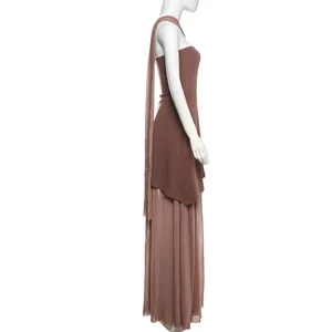 Side view of a brown mesh patchwork tube top maxi dress featuring a scarf collar detail